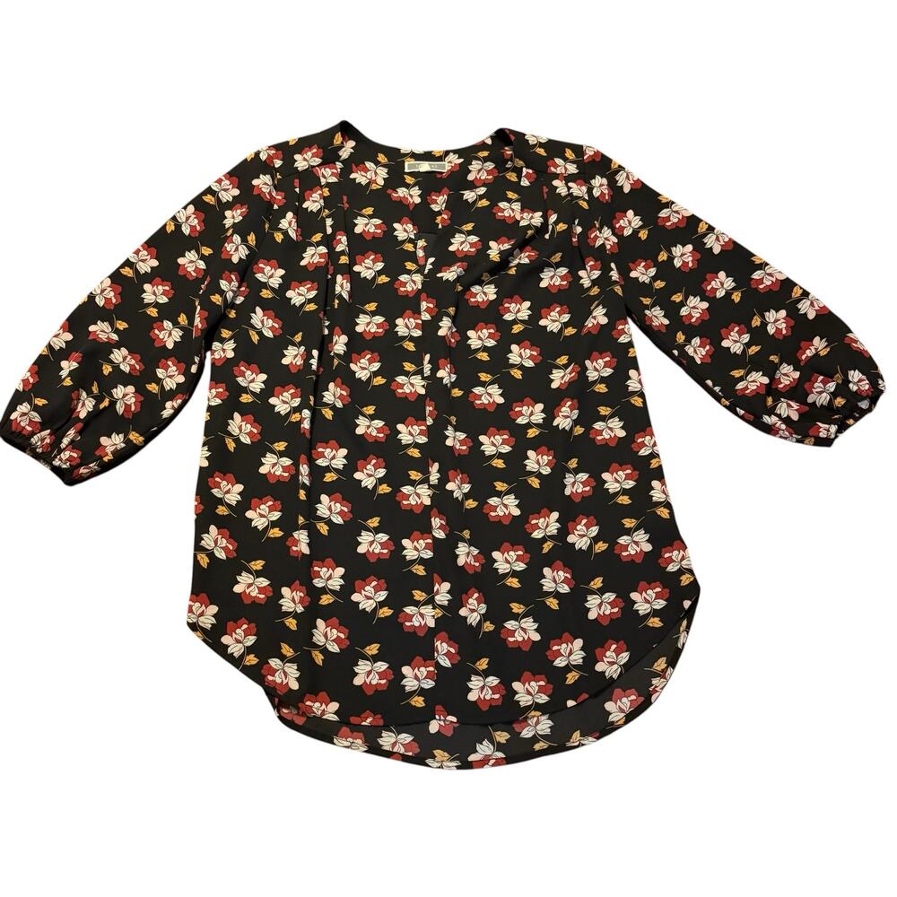 Pleione Women’s blouse, floral red/yellow/pink, splitneck, 3/4 length sleeve, S